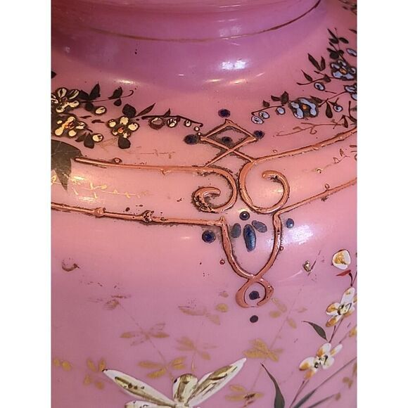 Lg Antique Harrach Bohemian Czech Pink Opaline Overlay Vase Flowers & Bees 14” - Picture 15 of 16